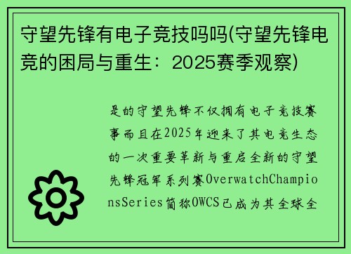守望先锋有电子竞技吗吗(守望先锋电竞的困局与重生：2025赛季观察)